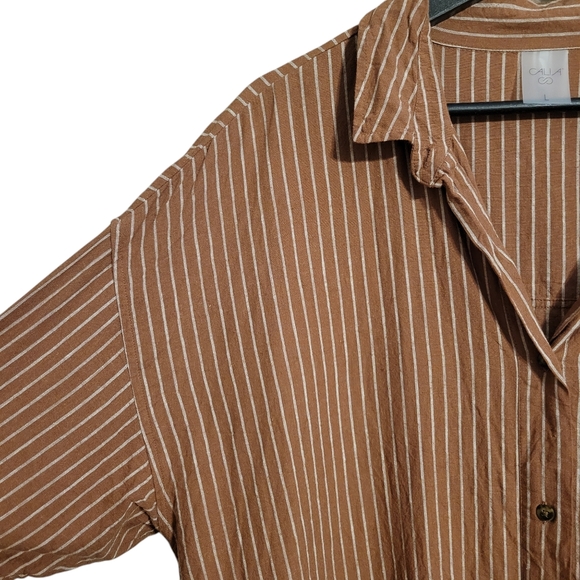Calia Linen Blend Burnt Orange Striped Button Down Shirt - Picture 3 of 7